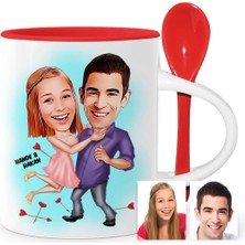 BK Gift Kişiye Özel Sevgililer Karikatür Kırmızı Kaşıklı Kupa Bardak - 3