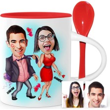BK Gift Kişiye Özel Sevgililer Karikatür Kırmızı Kaşıklı Kupa Bardak - 4