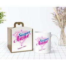 BK Gift Kişiye Özel Ahşap Kutuda Anneler Günü Temalı Süper Anne Tasarımlı Beyaz Kupa Bardak-2