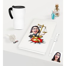 BK Gift Kişiye Özel Bayan Avukat Karikatürlü Beyaz Defter Kalem ve Termos Mug Seti  - 4