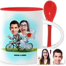 BK Gift Kişiye Özel Evleniyoruz Karikatür Kırmızı Kaşıklı Kupa Bardak - 3