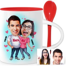 BK Gift Kişiye Özel Sevgililer Karikatür Kırmızı Kaşıklı Kupa Bardak - 5