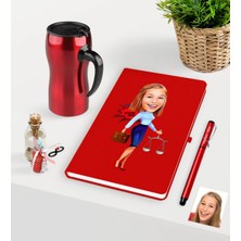 BK Gift Kişiye Özel Bayan Avukat Karikatürlü Kırmızı Defter Kalem ve Termos Mug Seti  - 3