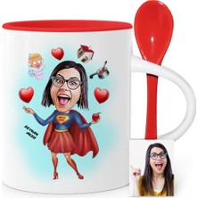 BK Gift Kişiye Özel Süper Anne Karikatür Kırmızı Kaşıklı Kupa Bardak