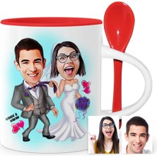 BK Gift Kişiye Özel Evleniyoruz Karikatür Kırmızı Kaşıklı Kupa Bardak - 6