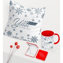 BK Gift Kişiye Özel Yılbaşı Mutlu Yıllar Temalı Kırmızı Kupa Ayna Yastık Seti - 17