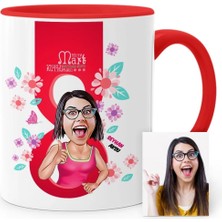 BK Gift Kişiye Özel Kadınlar Günü Temalı Karikatür Kırmızı Kupa Bardak - 5