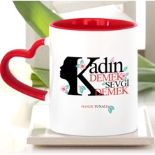 BK Gift Kişiye Özel Kadınlar Günü Kırmızı Kalpli Kupa Bardak - 5