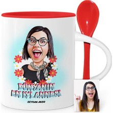 BK Gift Kişiye Özel Dünyanın En Iyi Annesi Karikatür Kırmızı Kaşıklı Kupa Bardak