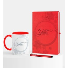 BK Gift Kişiye Özel Yılbaşı Mutlu Yıllar Temalı Kırmızı Defter Kalem Kupa Seti - 14