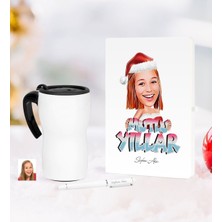 BK Gift Kişiye Özel Yılbaşı Bayan Karikatürlü Beyaz Defter Kalem Termos Mug Seti - 5