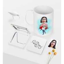 BK Gift Kişiye Özel Ev Hanımı Anne Karikatürlü Beyaz Kupa Ayna Seti - 3