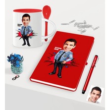 BK Gift Kişiye Özel Bay Polis Karikatürlü Kırmızı Defter Kalem Kaşıklı Kupa Seti - 1