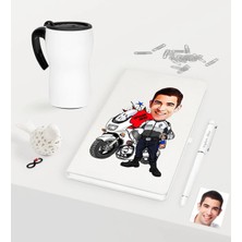 BK Gift Kişiye Özel Bay Yunus Polis Karikatürlü Beyaz Defter Kalem Termos Mug Seti