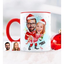 BK Gift Kişiye Özel Yılbaşı Temalı Sevgililer Karikatürlü Kırmızı Kupa Bardak - 2