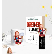 BK Gift Kişiye Özel Kadın Öğretmen Karikatürlü Beyaz Kupa Ahşap Kitap Ayracı ve Öğretmen Olmak Kitabı Hediye Seti-3