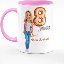 BK Gift Kişiye Özel 8 Mart Dünya Kadınlar Günü Karikatür Pembe Kupa Bardak - 18