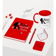 BK Gift Kişiye Özel Kadınlar Günü Temalı Kırmızı Defter Kalem Kupa Ayna Seti - 4