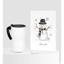 BK Gift Kişiye Özel Yılbaşı Kardan Adam Temalı Beyaz Defter Kalem Termos Mug Seti - 1