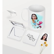 BK Gift Kişiye Özel Ev Hanımı Anne Karikatürlü Beyaz Kupa Ayna Seti - 1