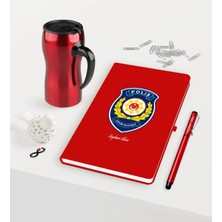 BK Gift Kişiye Özel Polis Çevik Kuvvet Temalı Kırmızı Defter Kalem Termos Mug Seti