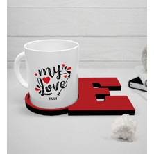 BK Gift Kişiye Özel Sevgili Temalı Beyaz Kupa ve Harfli Bardak Altlığı Seti - 81