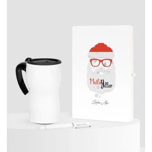 BK Gift Kişiye Özel Yılbaşı Noel Baba Temalı Beyaz Defter Kalem Termos Mug Seti - 2