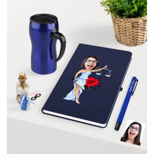 BK Gift Kişiye Özel Bayan Avukat Karikatürlü Lacivert Defter Kalem ve Termos Mug Seti  - 1