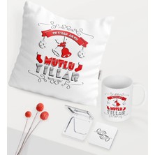 BK Gift Kişiye Özel Yılbaşı Mutlu Yıllar Temalı Beyaz Kupa Ayna Yastık Seti - 7