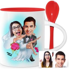 BK Gift Kişiye Özel Evleniyoruz Karikatür Kırmızı Kaşıklı Kupa Bardak - 9