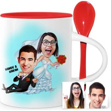 BK Gift Kişiye Özel Evleniyoruz Karikatür Kırmızı Kaşıklı Kupa Bardak - 2