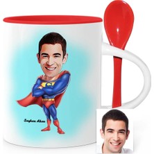BK Gift Kişiye Özel Superman Karikatür Kırmızı Kaşıklı Kupa Bardak - 1