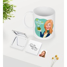 BK Gift Kişiye Özel Bayan Sınıf Öğretmeni Karikatürlü Beyaz Kupa Ayna Seti-1