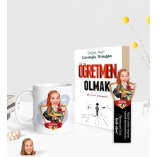BK Gift Kişiye Özel Kadın Öğretmen Karikatürlü Beyaz Kupa Ahşap Kitap Ayracı ve Öğretmen Olmak Kitabı Hediye Seti-4