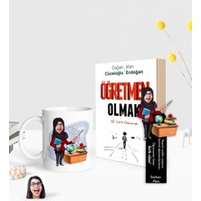 BK Gift Kişiye Özel Tesettürlü Kadın Öğretmeni Karikatürlü Beyaz Kupa Ahşap Kitap Ayracı ve Öğretmen Olmak Kitabı Hediye Seti-1