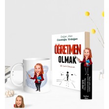 BK Gift Kişiye Özel Kadın Öğretmen Karikatürlü Beyaz Kupa Ahşap Kitap Ayracı ve Öğretmen Olmak Kitabı Hediye Seti-3