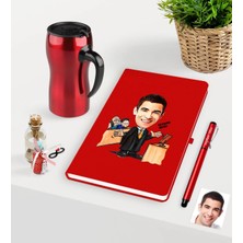 BK Gift Kişiye Özel Bay Avukat Karikatürlü Kırmızı Defter Kalem ve Termos Mug Seti  - 3