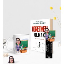 BK Gift Kişiye Özel Kadın Öğretmen Karikatürlü Beyaz Kupa Ahşap Kitap Ayracı ve Öğretmen Olmak Kitabı Hediye Seti-1