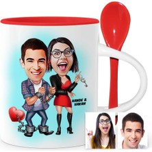 BK Gift Kişiye Özel Sevgililer Karikatür Kırmızı Kaşıklı Kupa Bardak - 1