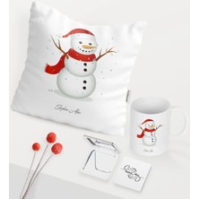 BK Gift Kişiye Özel Yılbaşı Kardan Adam Temalı Beyaz Kupa Ayna Yastık Seti - 2
