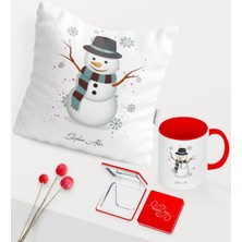 BK Gift Kişiye Özel Yılbaşı Kardan Adam Temalı Kırmızı Kupa Ayna Yastık Seti - 1