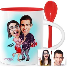 BK Gift Kişiye Özel Sevgililer Karikatür Kırmızı Kaşıklı Kupa Bardak - 2