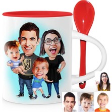 BK Gift Kişiye Özel Aile Karikatür Kırmızı Kaşıklı Kupa Bardak - 3