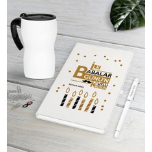BK Gift Kişiye Özel Ilk Babalar Günün Kutlu Olsun Beyaz Defter Kalem Termos Mug Seti-5
