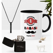 BK Gift Kişiye Özel Dünyanın 1 Numaralı Babası Siyah Kupa Benzinli Çakmak Kolye Seti
