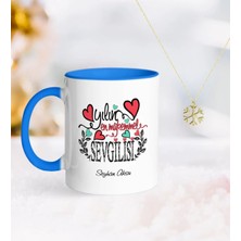BK Gift Kişiye Özel Yılın En Mükemmel Sevgilisi Mavi Kupa ve Kar Tanesi Kolye