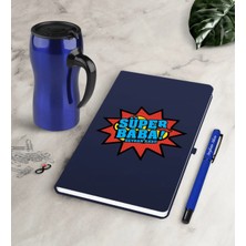 BK Gift Kişiye Özel Süper Baba Lacivert Defter Kalem Termos Mug Seti-2