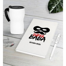 BK Gift Kişiye Özel Süper Baba Beyaz Defter Kalem Termos Mug Seti-4