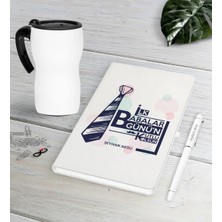 BK Gift Kişiye Özel Ilk Babalar Günün Kutlu Olsun Beyaz Defter Kalem Termos Mug Seti-3