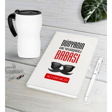 BK Gift Kişiye Özel Dünyanın En Yakışıklı Babası Beyaz Defter Kalem Termos Mug Seti-2